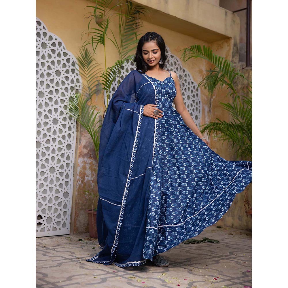 DEASHA INDIA Arna Blue Cotton Anarkali with Pant and Dupatta (Set of 3)