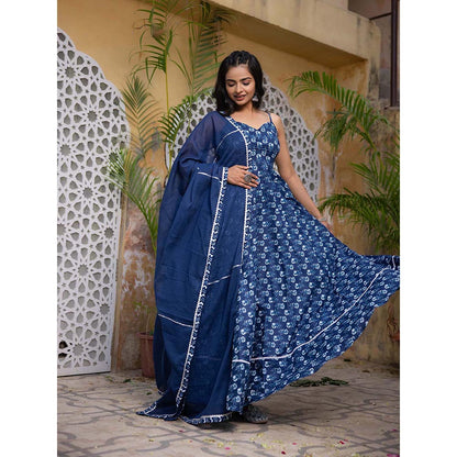 DEASHA INDIA Arna Blue Cotton Anarkali with Pant and Dupatta (Set of 3)