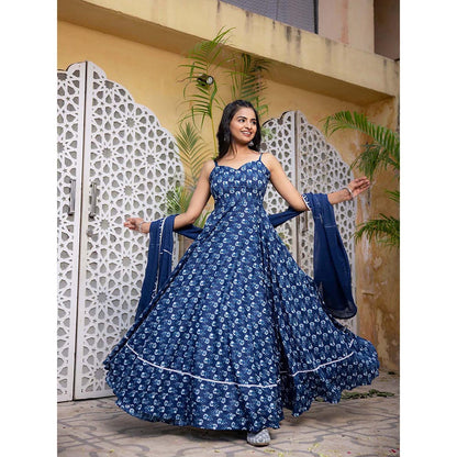 DEASHA INDIA Arna Blue Cotton Anarkali with Pant and Dupatta (Set of 3)