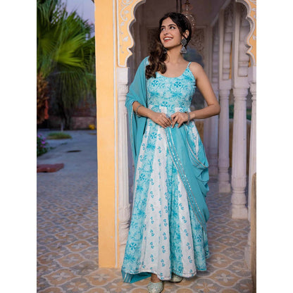DEASHA INDIA Avani Cotton Turquoise Anarkali with Pant and Dupatta (Set of 3)
