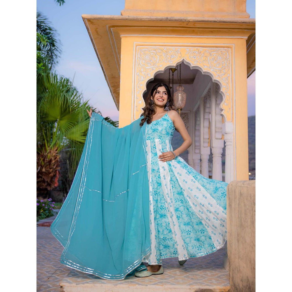 DEASHA INDIA Avani Cotton Turquoise Anarkali with Pant and Dupatta (Set of 3)