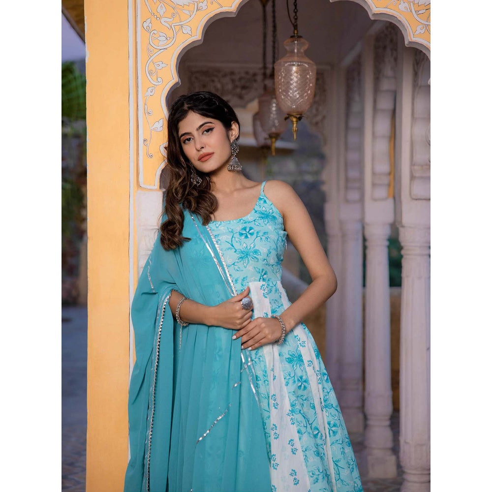 DEASHA INDIA Avani Cotton Turquoise Anarkali with Pant and Dupatta (Set of 3)
