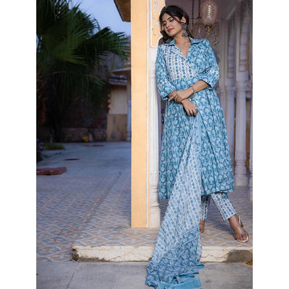DEASHA INDIA Meerab Cotton Blue Kurta with Pant and Dupatta (Set of 3)