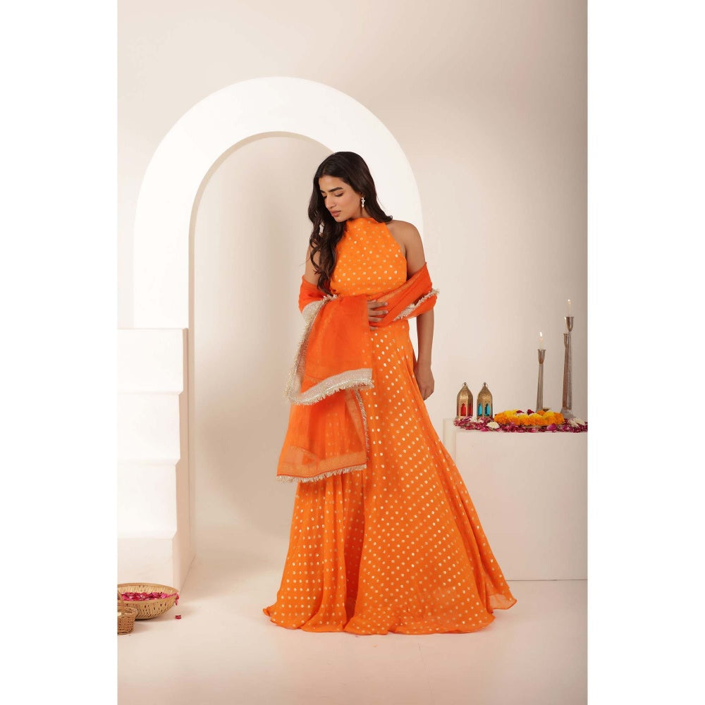 DEASHA INDIA Ranya Orange Buti Lehenga with Blouse and Dupatta (Set of 3)