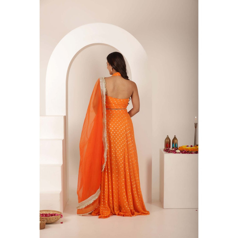 DEASHA INDIA Ranya Orange Buti Lehenga with Blouse and Dupatta (Set of 3)