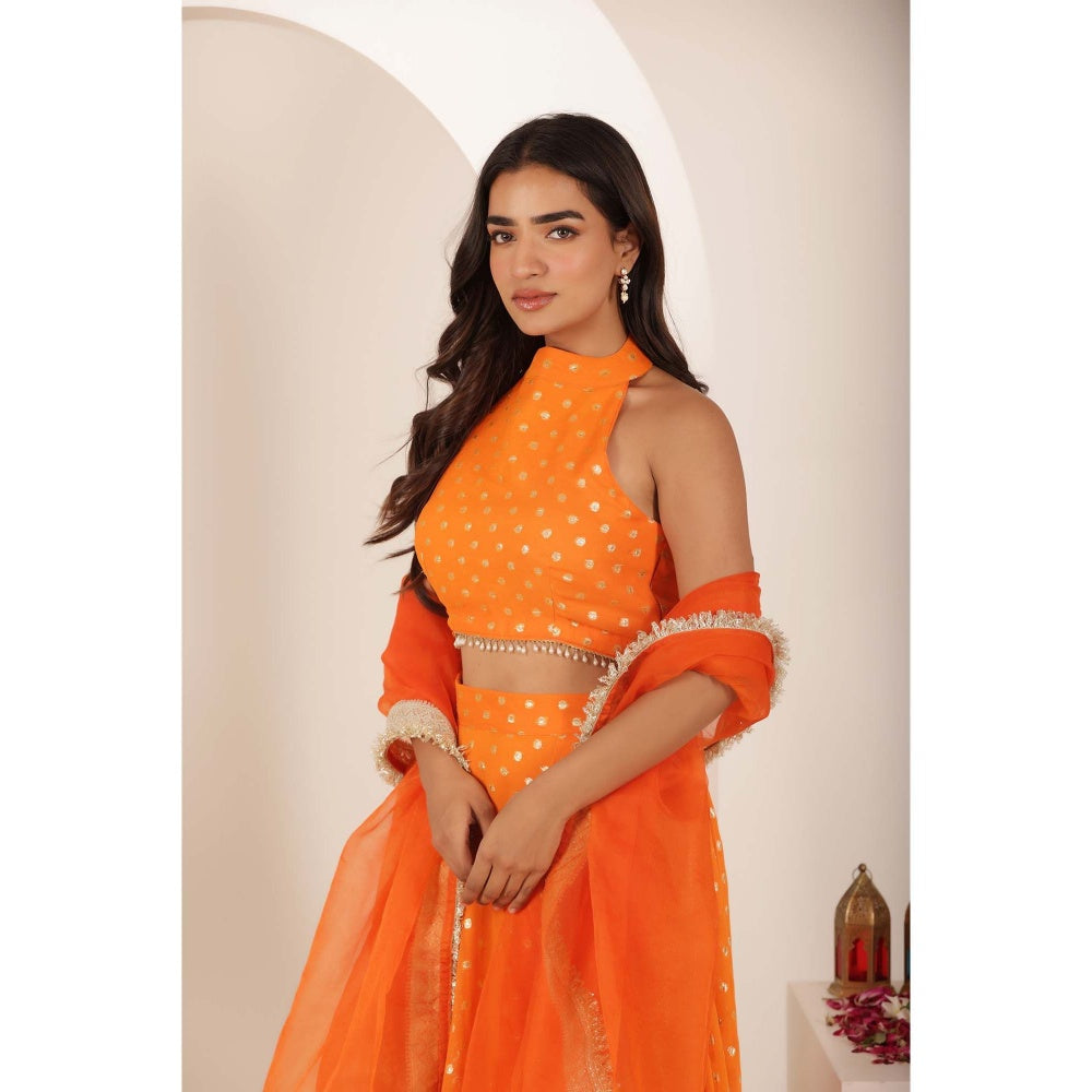 DEASHA INDIA Ranya Orange Buti Lehenga with Blouse and Dupatta (Set of 3)
