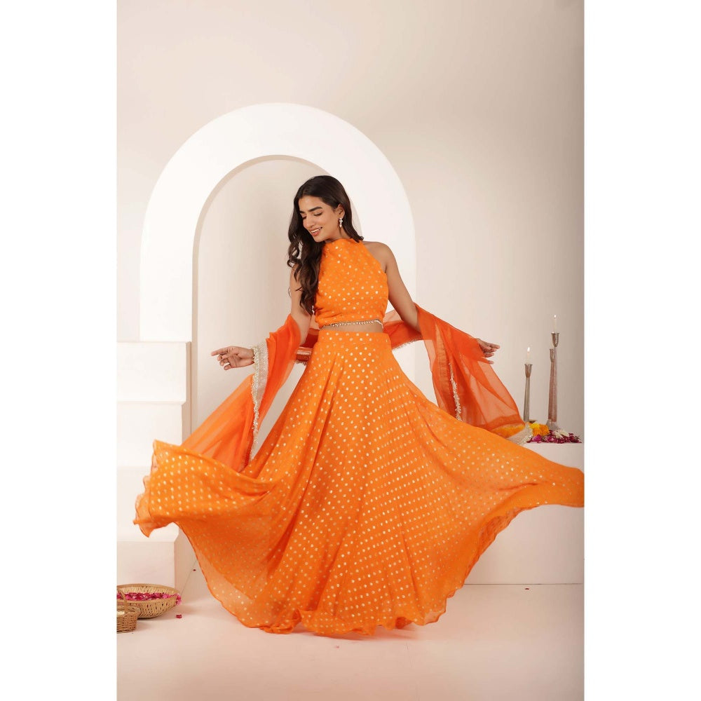 DEASHA INDIA Ranya Orange Buti Lehenga with Blouse and Dupatta (Set of 3)
