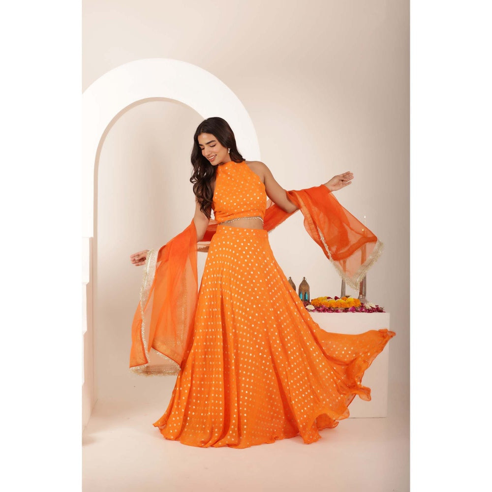 DEASHA INDIA Ranya Orange Buti Lehenga with Blouse and Dupatta (Set of 3)