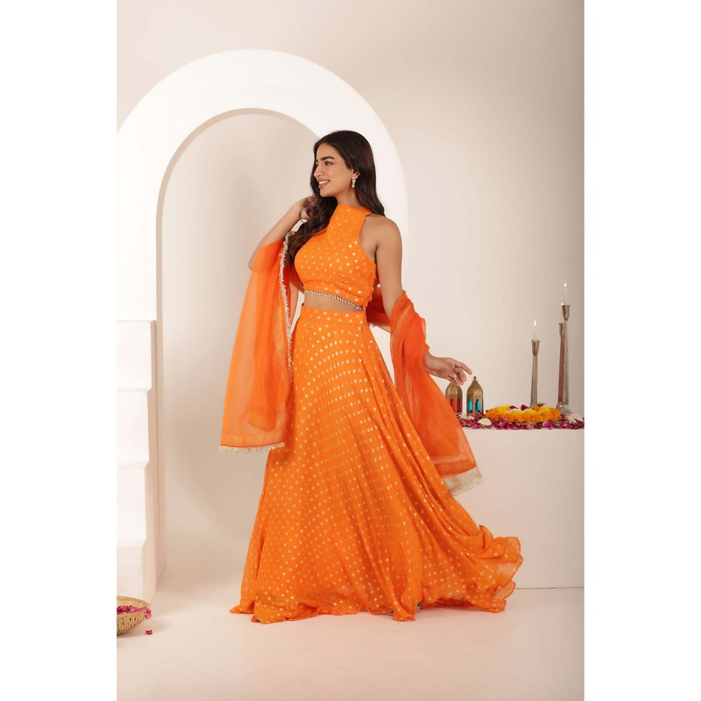 DEASHA INDIA Ranya Orange Buti Lehenga with Blouse and Dupatta (Set of 3)