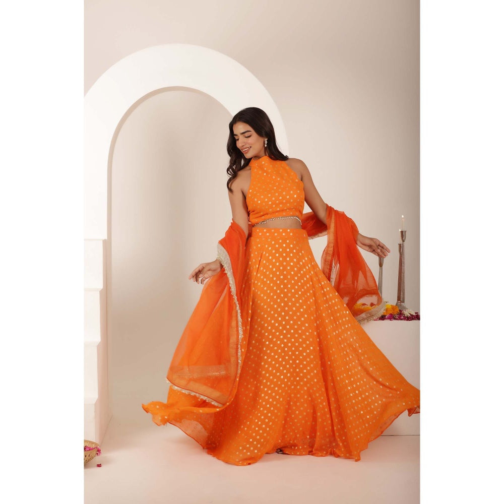 DEASHA INDIA Ranya Orange Buti Lehenga with Blouse and Dupatta (Set of 3)