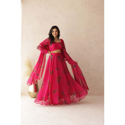 DEASHA INDIA Parina Pink Peacock Feather Lehenga with Blouse and Dupatta (Set of 3)