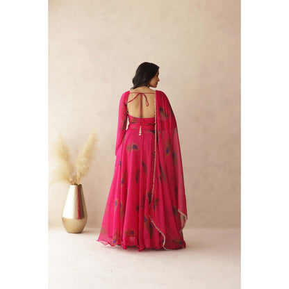 DEASHA INDIA Parina Pink Peacock Feather Lehenga with Blouse and Dupatta (Set of 3)