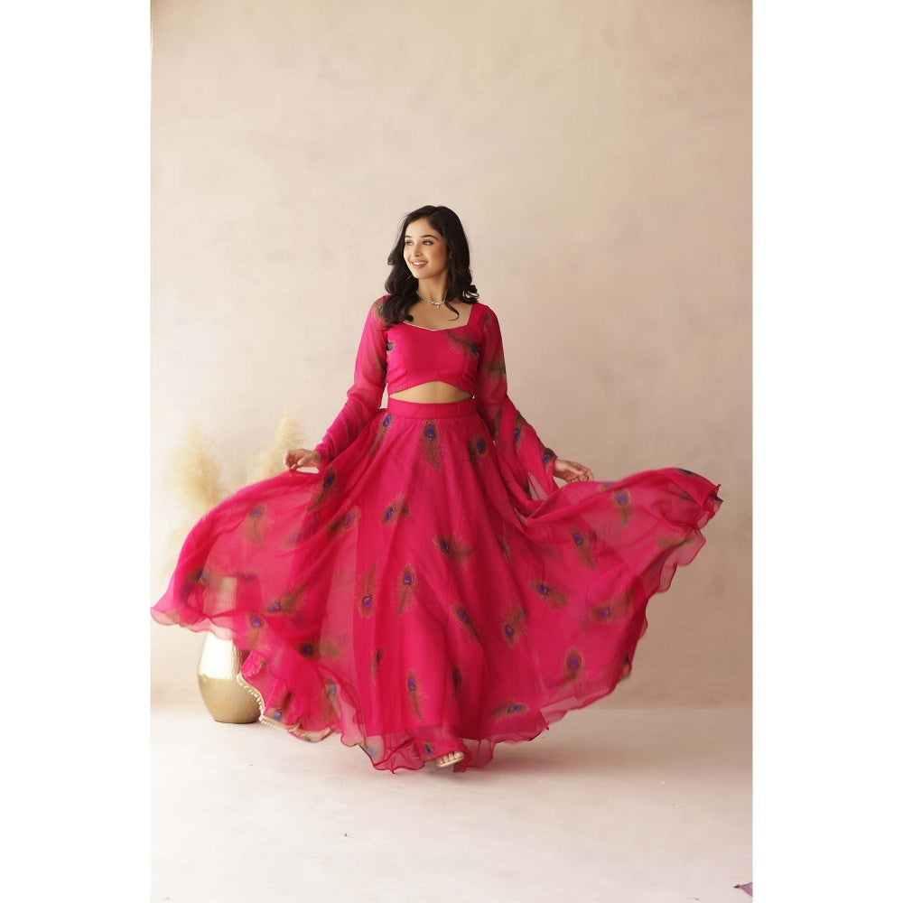 DEASHA INDIA Parina Pink Peacock Feather Lehenga with Blouse and Dupatta (Set of 3)