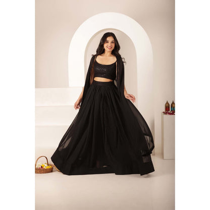 DEASHA INDIA Samira Black Net Embroidered Blouse with Lehenga and Dupatta (Set of 3)