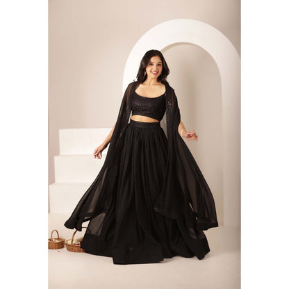 DEASHA INDIA Samira Black Net Embroidered Blouse with Lehenga and Dupatta (Set of 3)