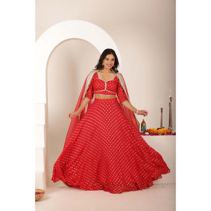 DEASHA INDIA Jivika Red Buti Lehenga with Blouse and Dupatta (Set of 3)