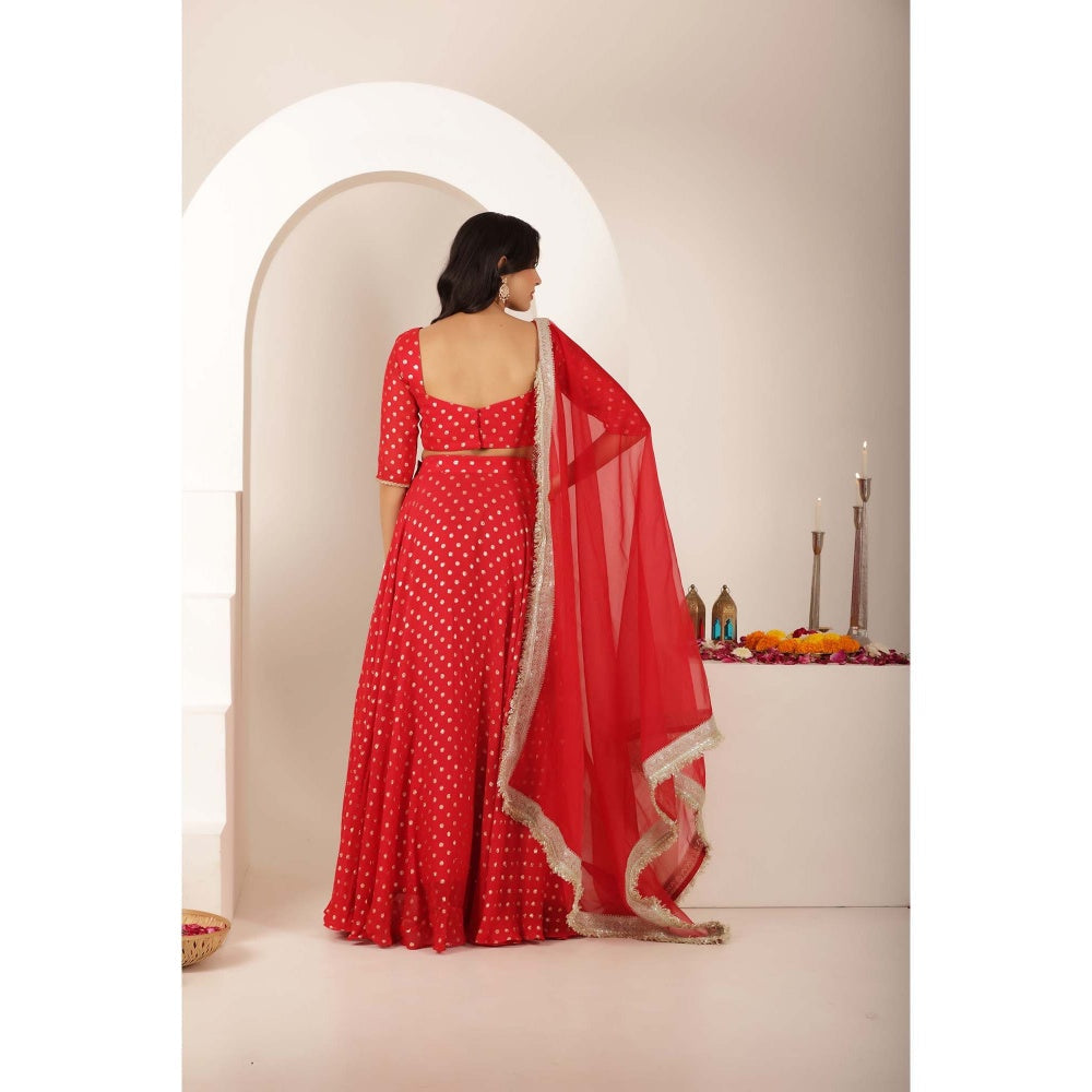 DEASHA INDIA Jivika Red Buti Lehenga with Blouse and Dupatta (Set of 3)