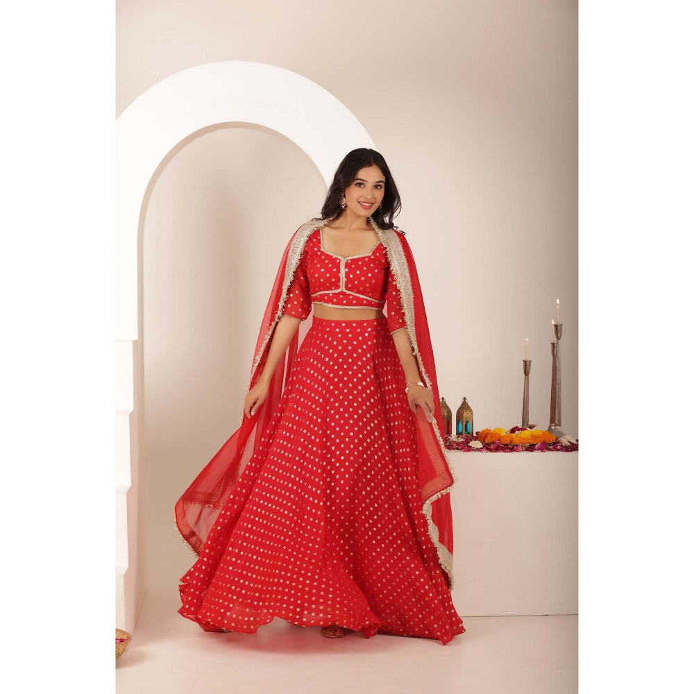 DEASHA INDIA Jivika Red Buti Lehenga with Blouse and Dupatta (Set of 3)
