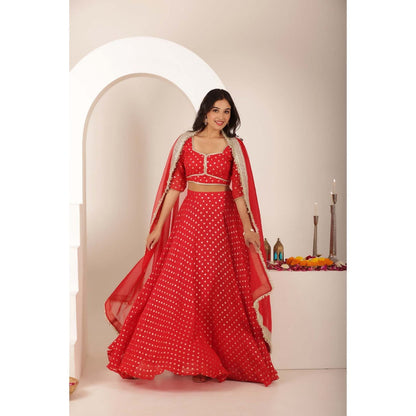DEASHA INDIA Jivika Red Buti Lehenga with Blouse and Dupatta (Set of 3)