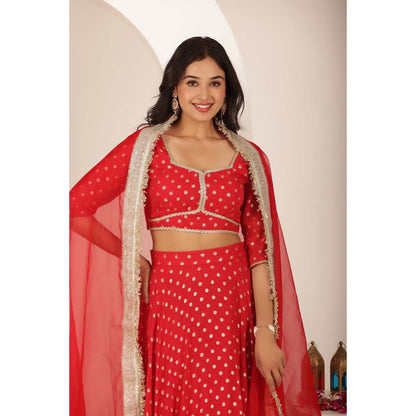 DEASHA INDIA Jivika Red Buti Lehenga with Blouse and Dupatta (Set of 3)