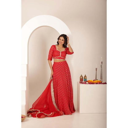 DEASHA INDIA Jivika Red Buti Lehenga with Blouse and Dupatta (Set of 3)