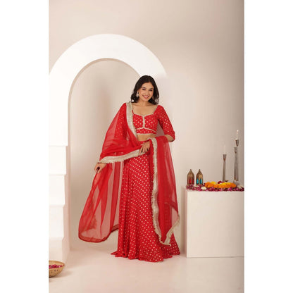 DEASHA INDIA Jivika Red Buti Lehenga with Blouse and Dupatta (Set of 3)