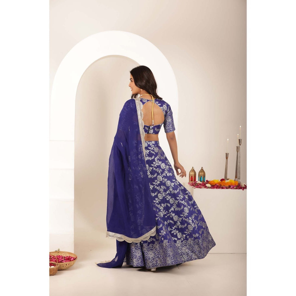 DEASHA INDIA Simar Blue Brocade Lehenga with Blouse and Dupatta (Set of 3)