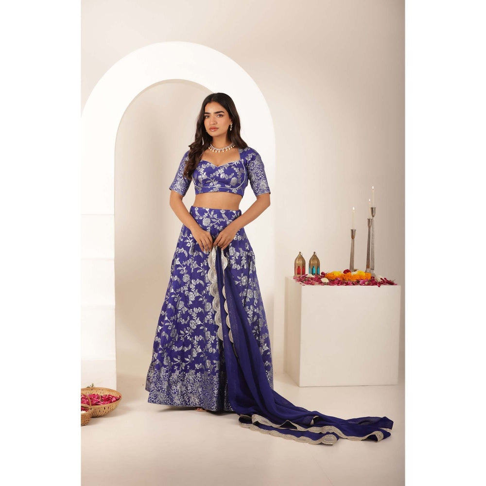 DEASHA INDIA Simar Blue Brocade Lehenga with Blouse and Dupatta (Set of 3)