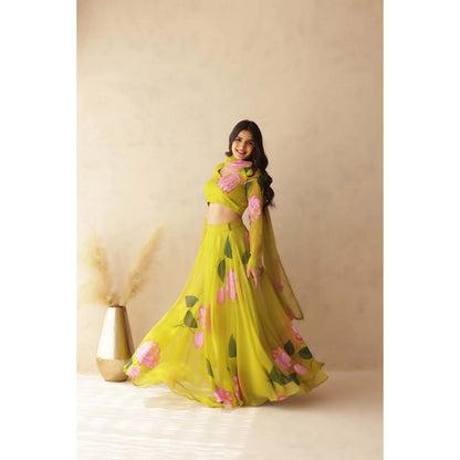 DEASHA INDIA Chhavi Green Hand Painted Lehenga with Blouse and Dupatta (Set of 3)