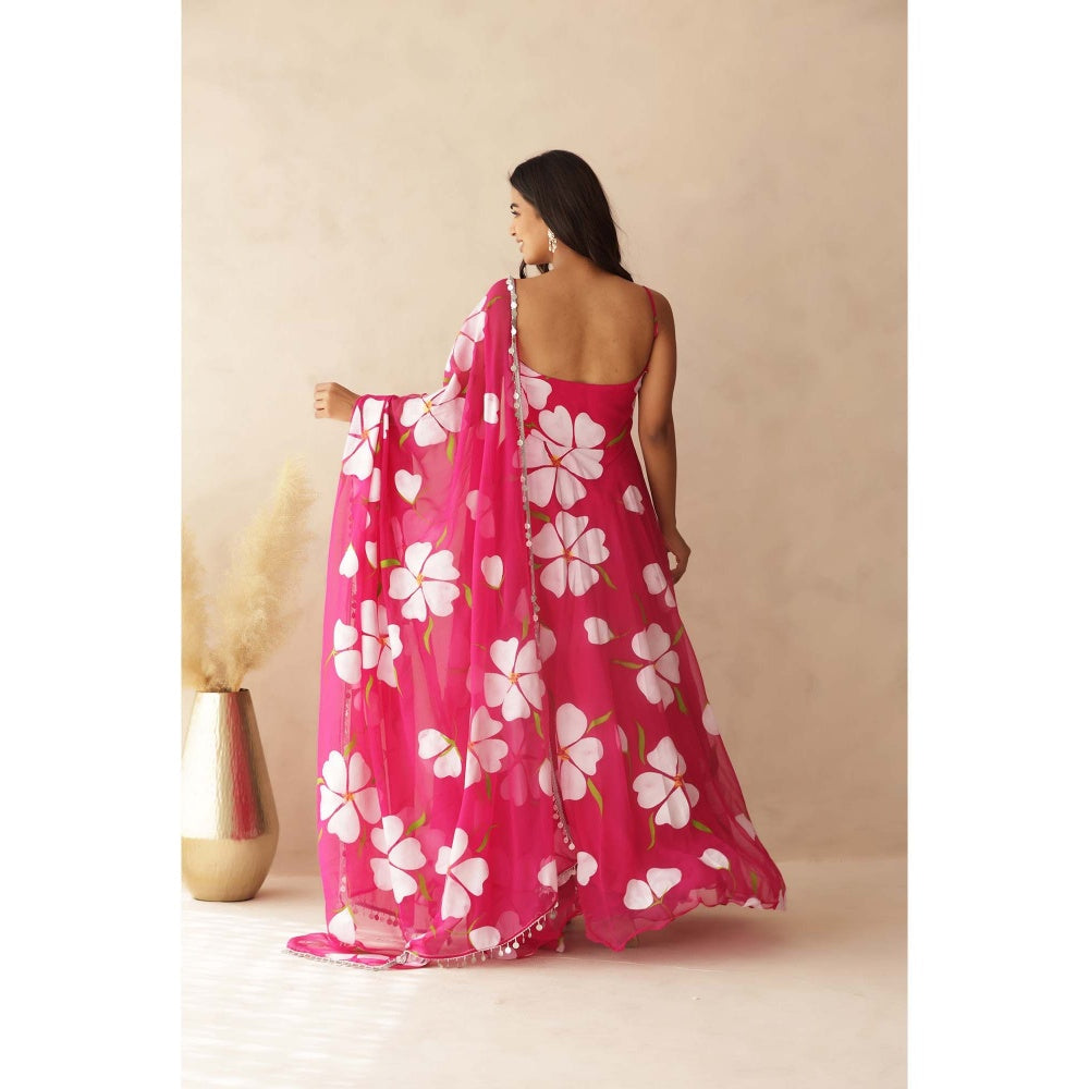 DEASHA INDIA Nahar Pink Hand Painted Anarkali with Pant and Dupatta (Set of 3)