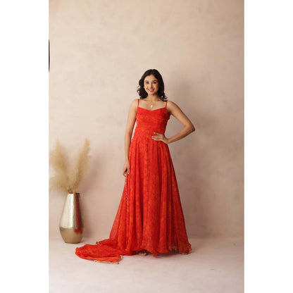 DEASHA INDIA Kumud Orange Anarkali with Pant and Dupatta (Set of 3)