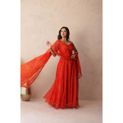 DEASHA INDIA Kumud Orange Anarkali with Pant and Dupatta (Set of 3)