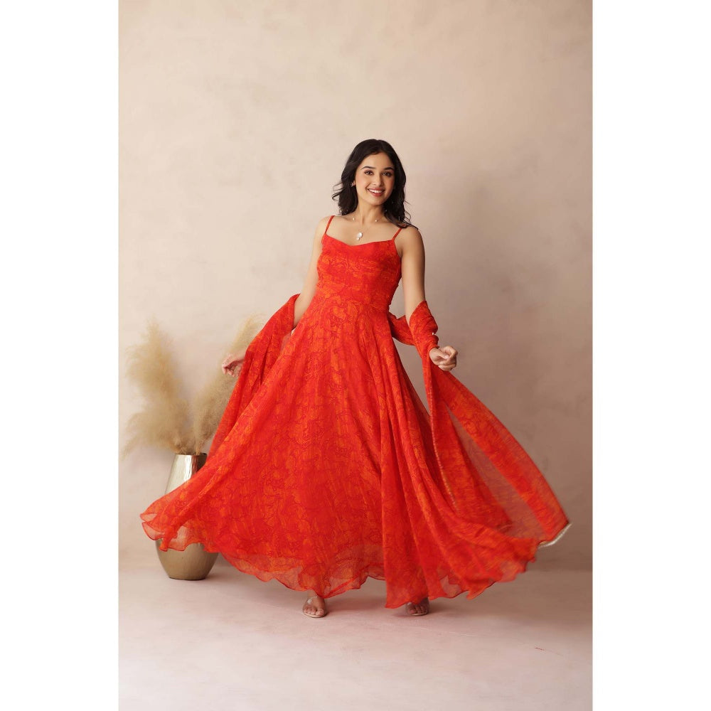 DEASHA INDIA Kumud Orange Anarkali with Pant and Dupatta (Set of 3)