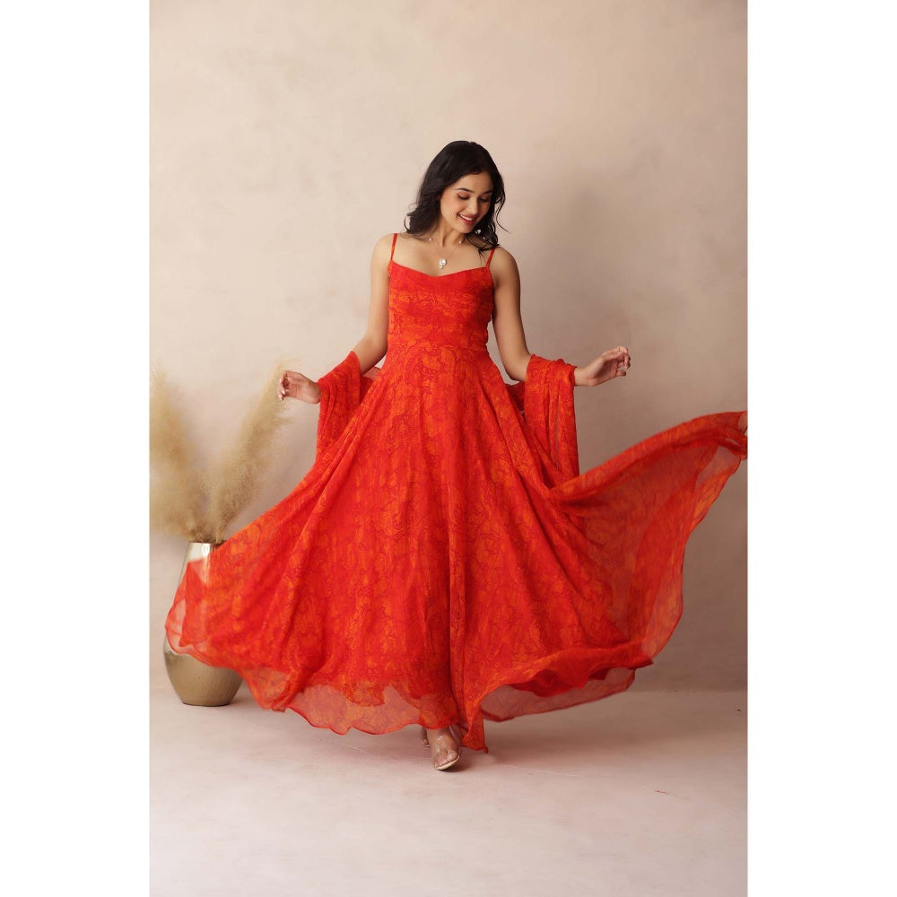 DEASHA INDIA Kumud Orange Anarkali with Pant and Dupatta (Set of 3)