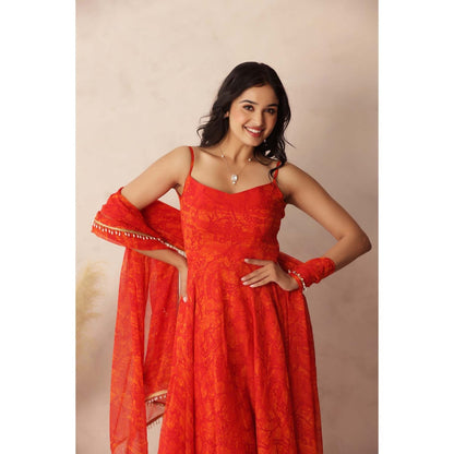 DEASHA INDIA Kumud Orange Anarkali with Pant and Dupatta (Set of 3)