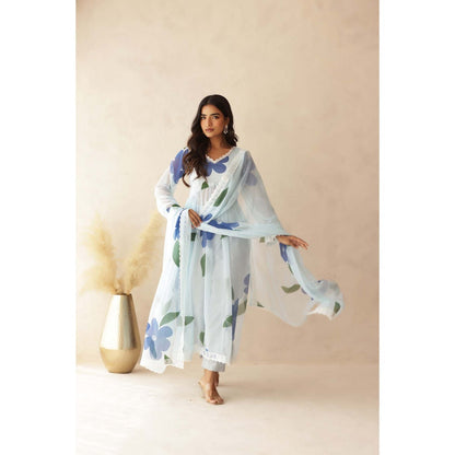 DEASHA INDIA Tahira Blue Hand Painted Anarkali with Pant and Dupatta (Set of 3)