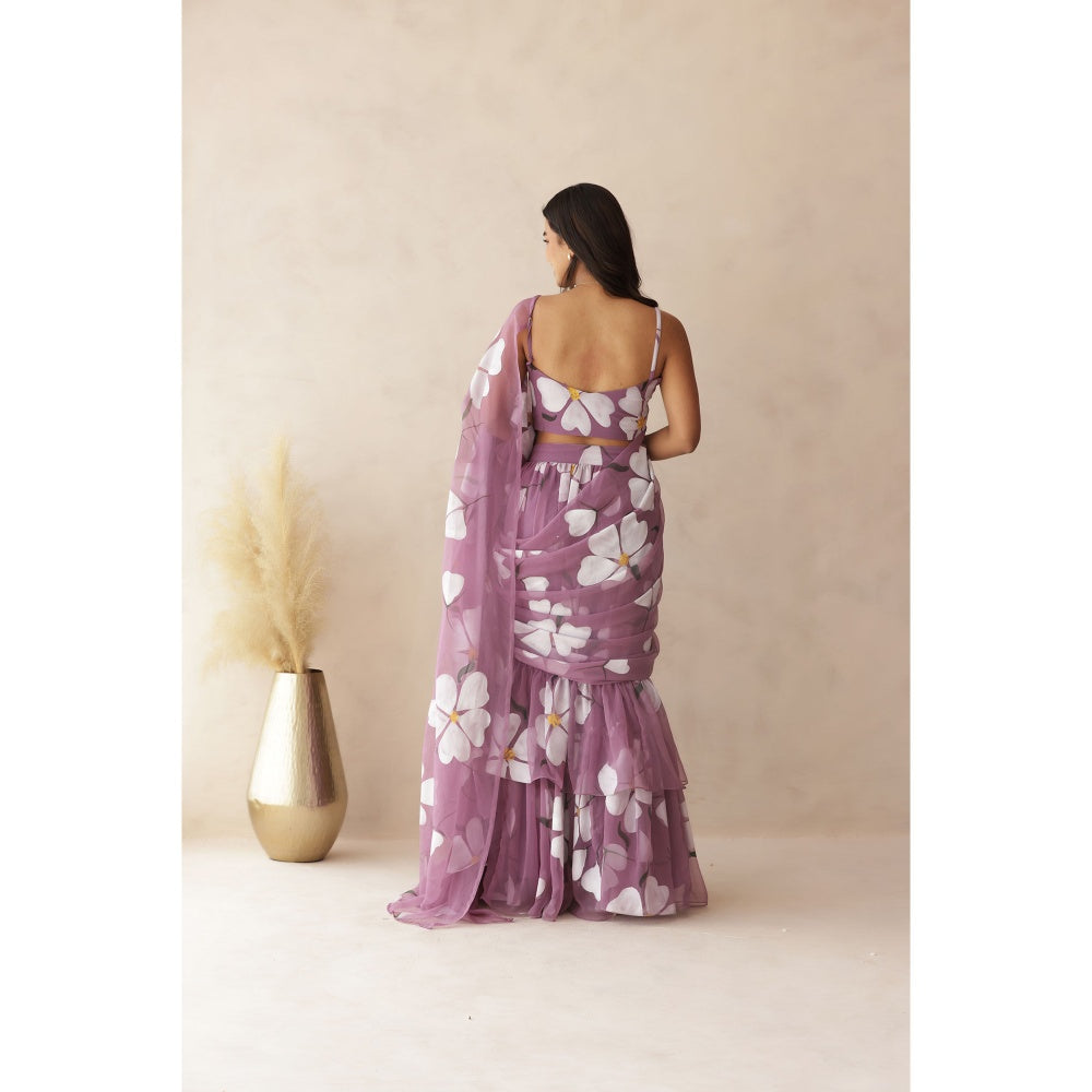 DEASHA INDIA Kashni Mauve Ruffle Hand Painted Pre-Draped Saree with Stitched Blouse
