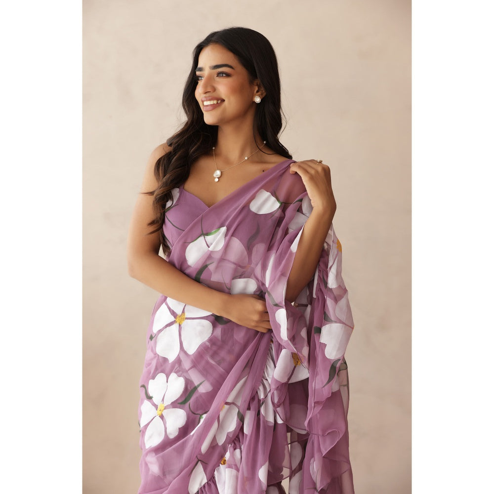 DEASHA INDIA Kashni Mauve Ruffle Hand Painted Pre-Draped Saree with Stitched Blouse