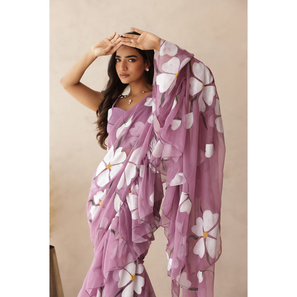 DEASHA INDIA Kashni Mauve Ruffle Hand Painted Pre-Draped Saree with Stitched Blouse