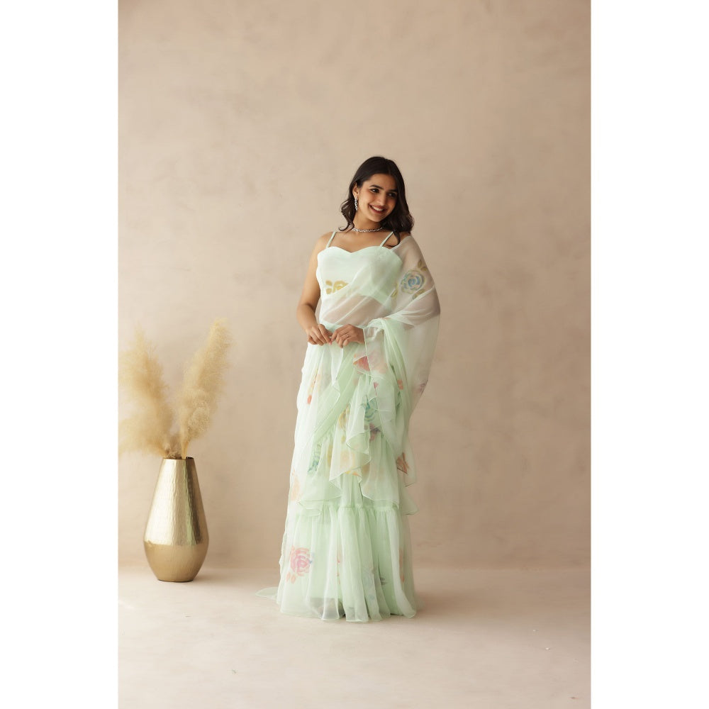 DEASHA INDIA Jiya Green Hand Painted Pre-Draped Saree with Stitched Blouse