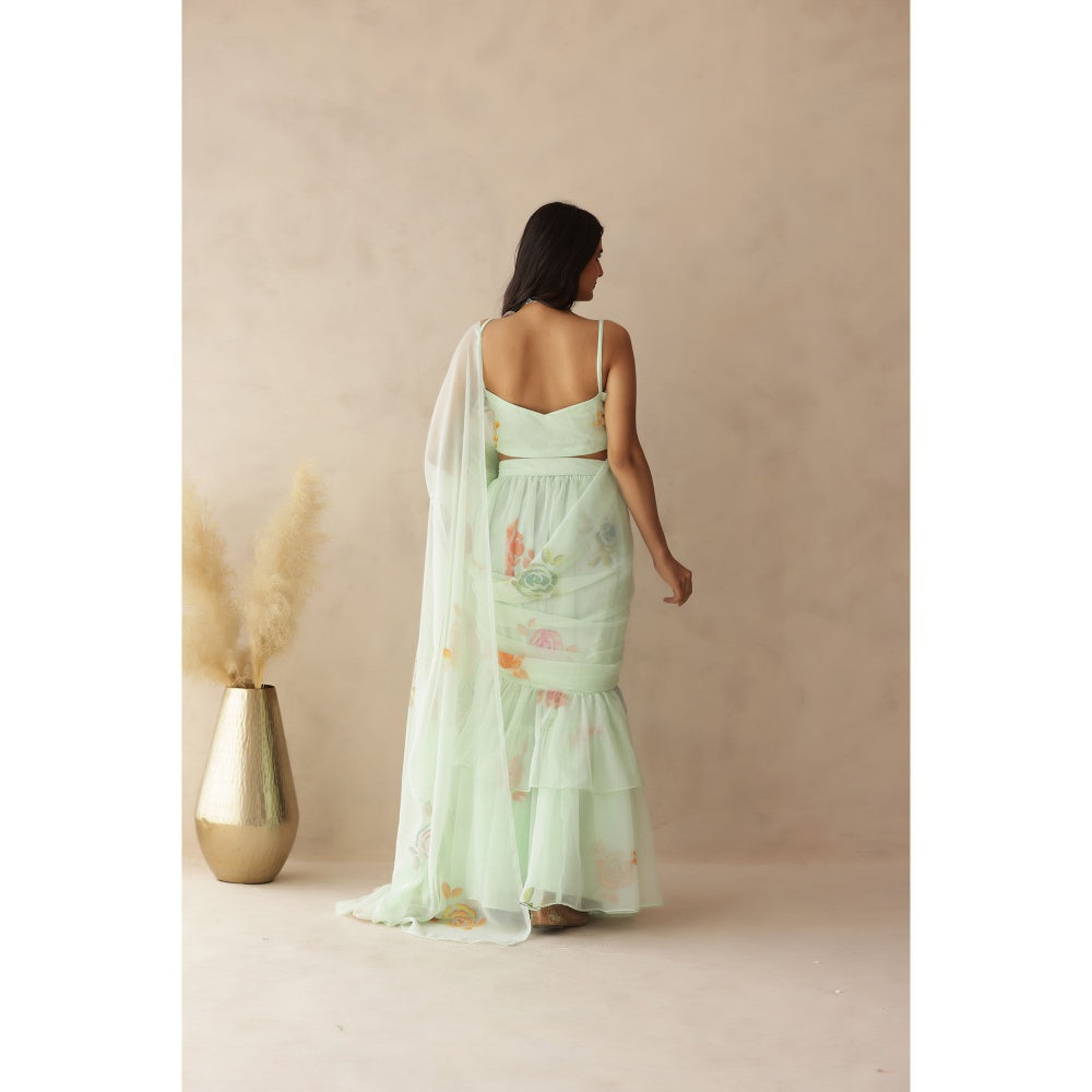 DEASHA INDIA Jiya Green Hand Painted Pre-Draped Saree with Stitched Blouse