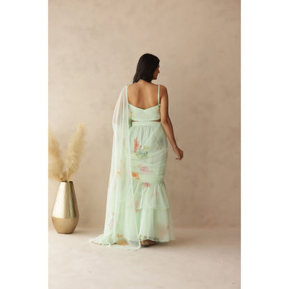 DEASHA INDIA Jiya Green Hand Painted Pre-Draped Saree with Stitched Blouse