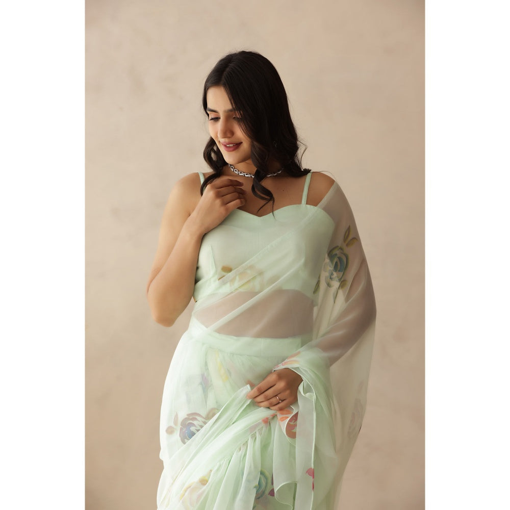 DEASHA INDIA Jiya Green Hand Painted Pre-Draped Saree with Stitched Blouse