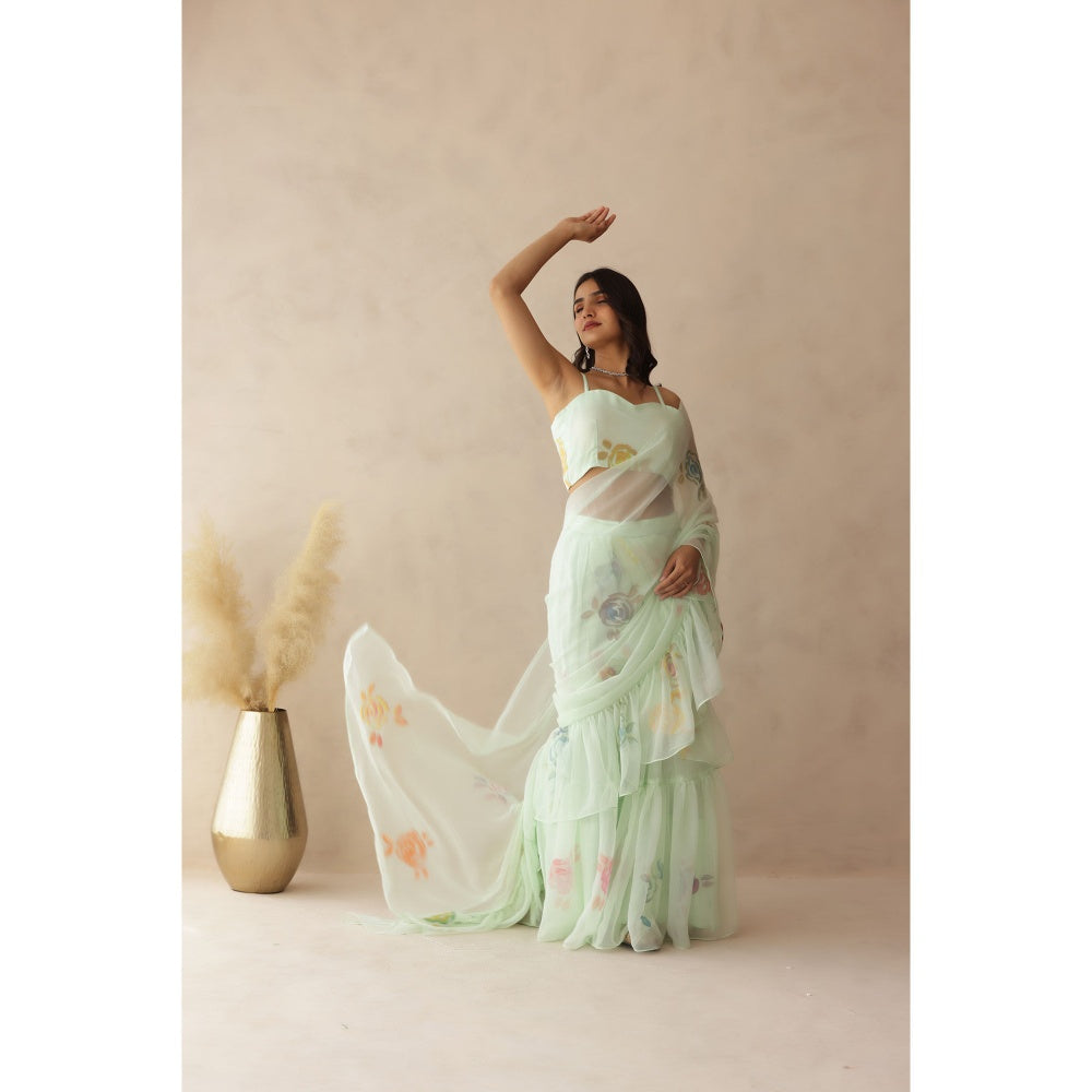 DEASHA INDIA Jiya Green Hand Painted Pre-Draped Saree with Stitched Blouse