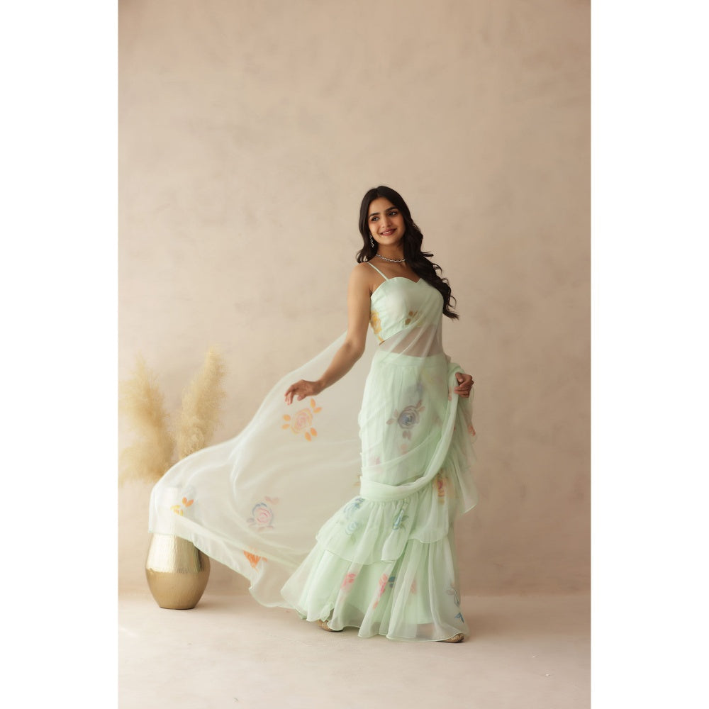 DEASHA INDIA Jiya Green Hand Painted Pre-Draped Saree with Stitched Blouse