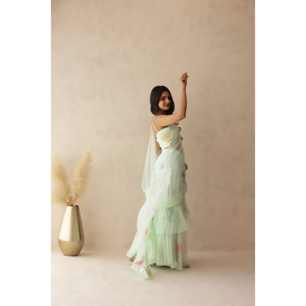 DEASHA INDIA Jiya Green Hand Painted Pre-Draped Saree with Stitched Blouse