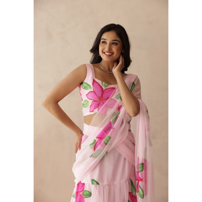 DEASHA INDIA Yuvika Pink Hand Painted Pre-Draped Saree with Stitched Blouse