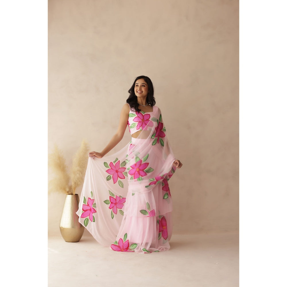 DEASHA INDIA Yuvika Pink Hand Painted Pre-Draped Saree with Stitched Blouse