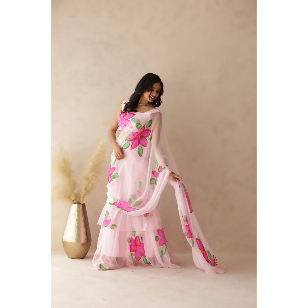 DEASHA INDIA Yuvika Pink Hand Painted Pre-Draped Saree with Stitched Blouse