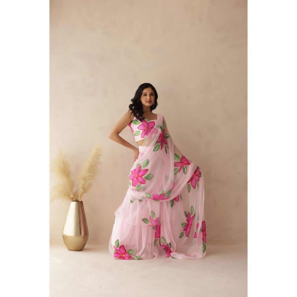 DEASHA INDIA Yuvika Pink Hand Painted Pre-Draped Saree with Stitched Blouse